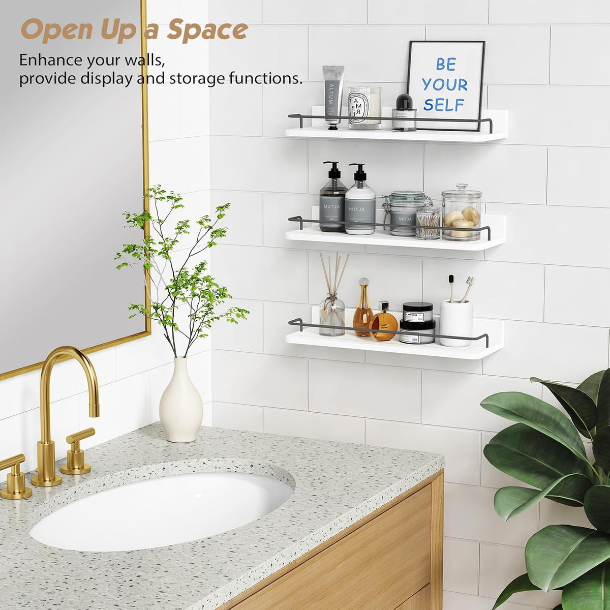 Forbena White Floating Shelves Bathroom Shelves Over Toilet Set of 3, Bathroom Organizers and Storage Shelves Wall Mounted, Modern Wood Corner Wall Shelf for Bedroom Closet -White and Dark Grey