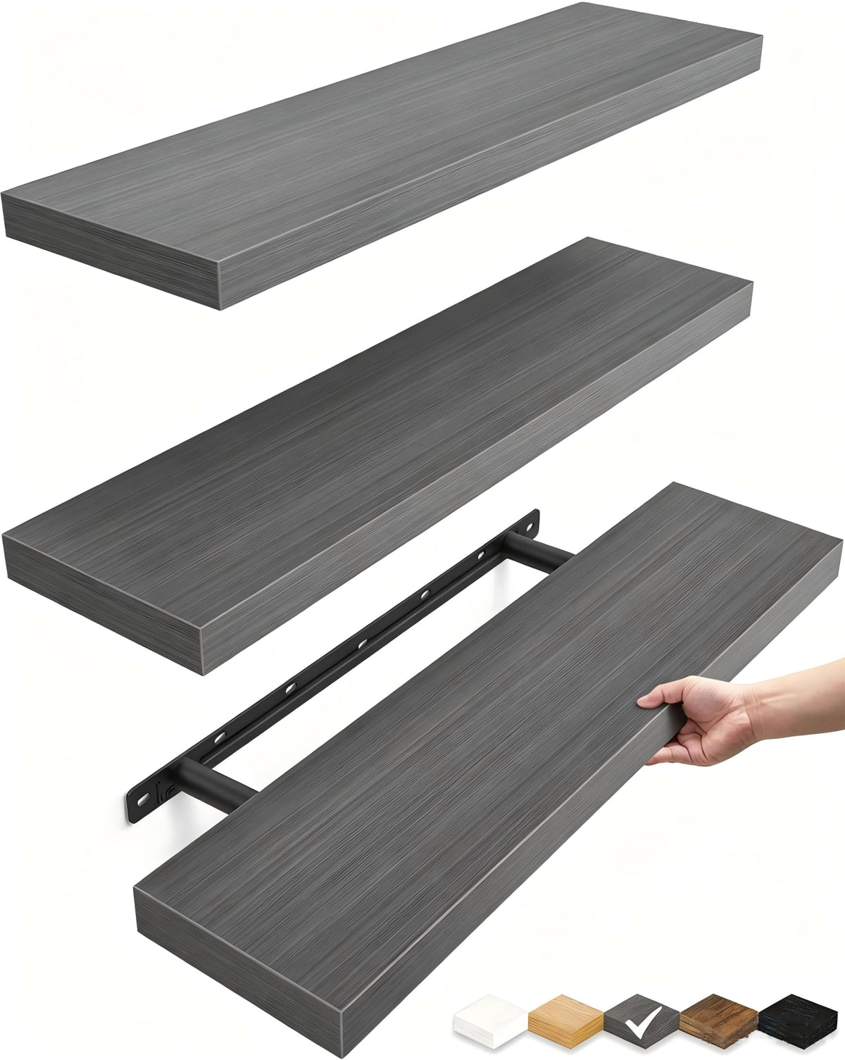 BAYKA Black Floating Shelves 15.7in, Set of 3, Wall Mount Rustic Wood Shelf