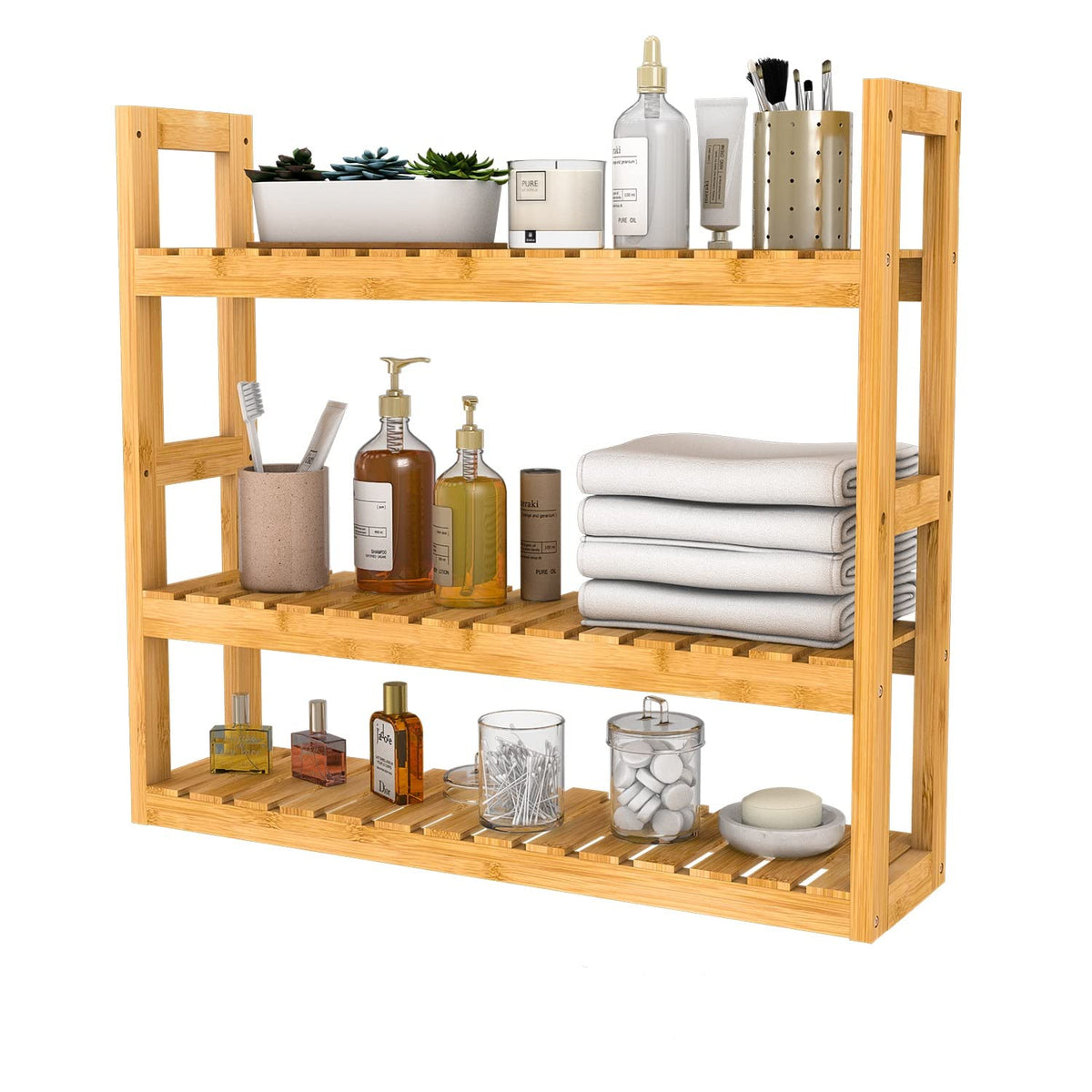 Domax Bathroom Shelves Over Toilet Storage - 3 Tier Wall Mounted Bamboo Bathroom Shelf Organizer Multifunctional Adjustable Layer Free Standing Utility Shelves for Bathroom Living Room Kitchen, White
