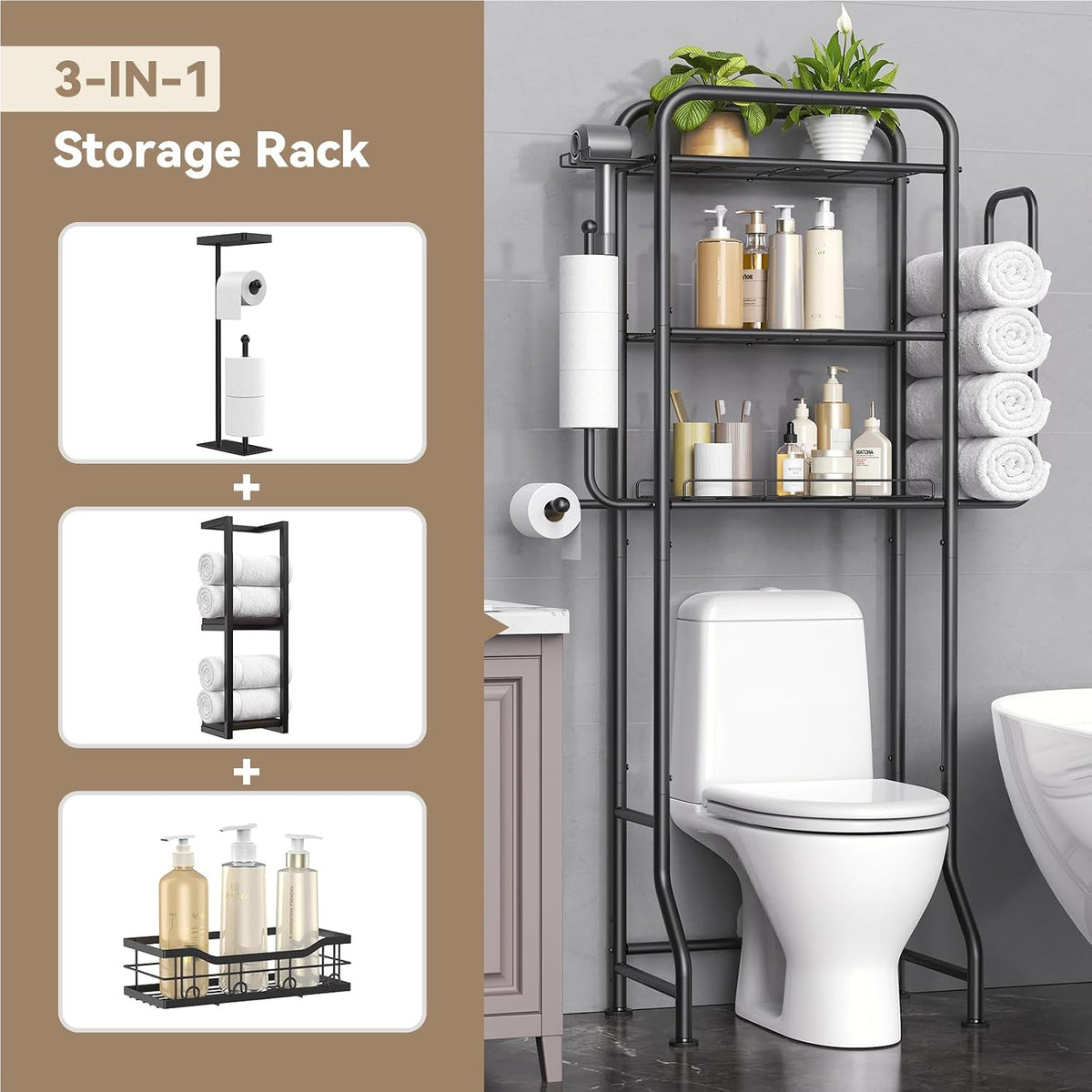 3-in-1 Over the Toilet Storage Rack, 3-Tier Toilet Organizer Shelf