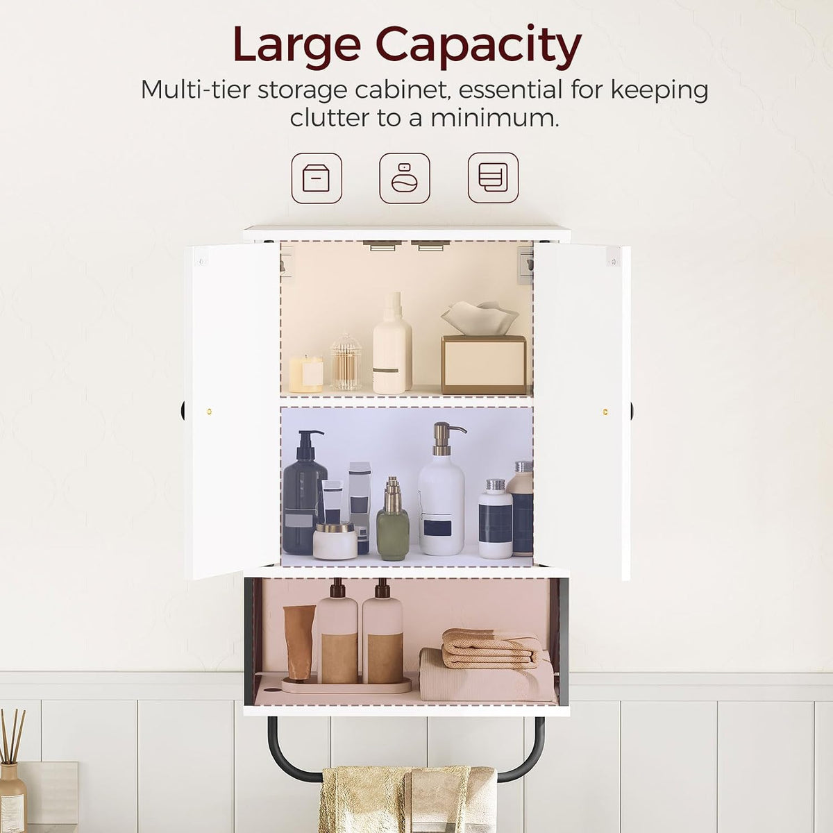 MAHANCRIS Bathroom Wall Cabinet with 2 Door and Adjustable Shelf, Farmhouse Medicine Cabinet with Towel Rack, 3-Tier Wall Mounted Storage Cabinet Over The Toilet for Bathroom Laundry Room, White