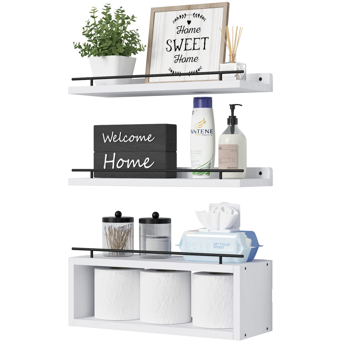 WOPITUES Floating Shelves for Wall with Cube Shelf, Wall Shelves with Metal Rail for Bathroom Decor, Bathroom Organizers and Storage, Over Toilet Shelves for Toilet Paper-Black