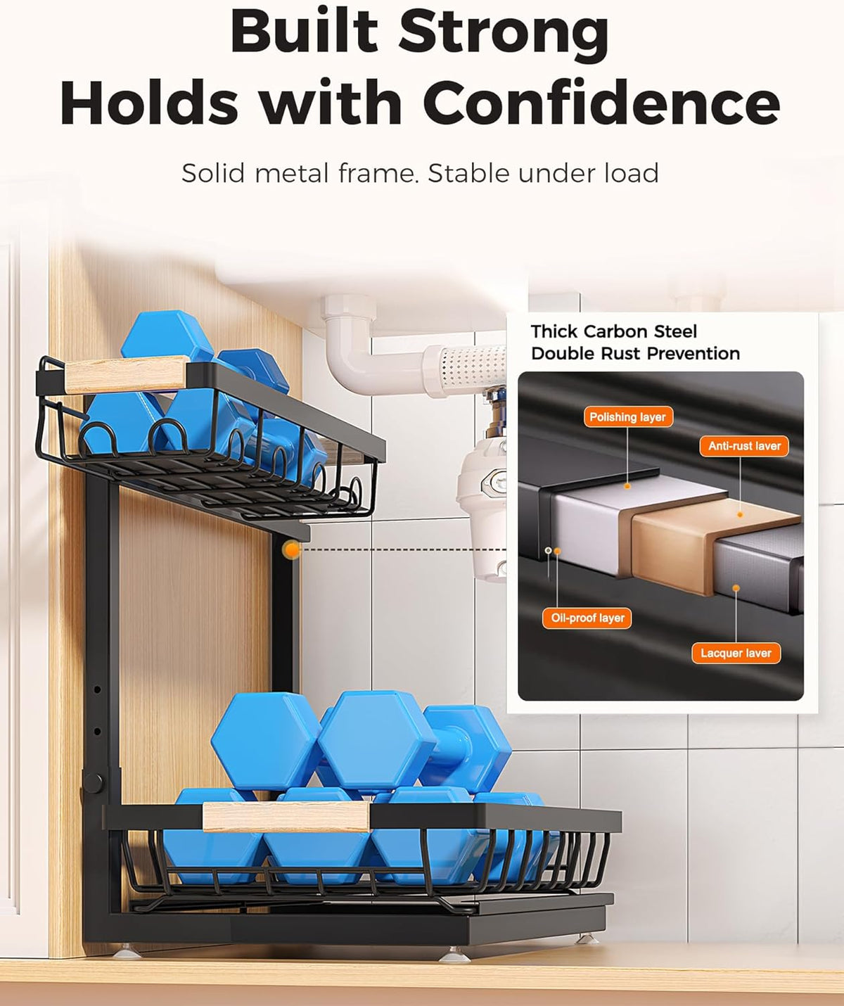 Sevenblue 3-Pack 2-Tier Height Adjustable Under Sink Organizer, Black