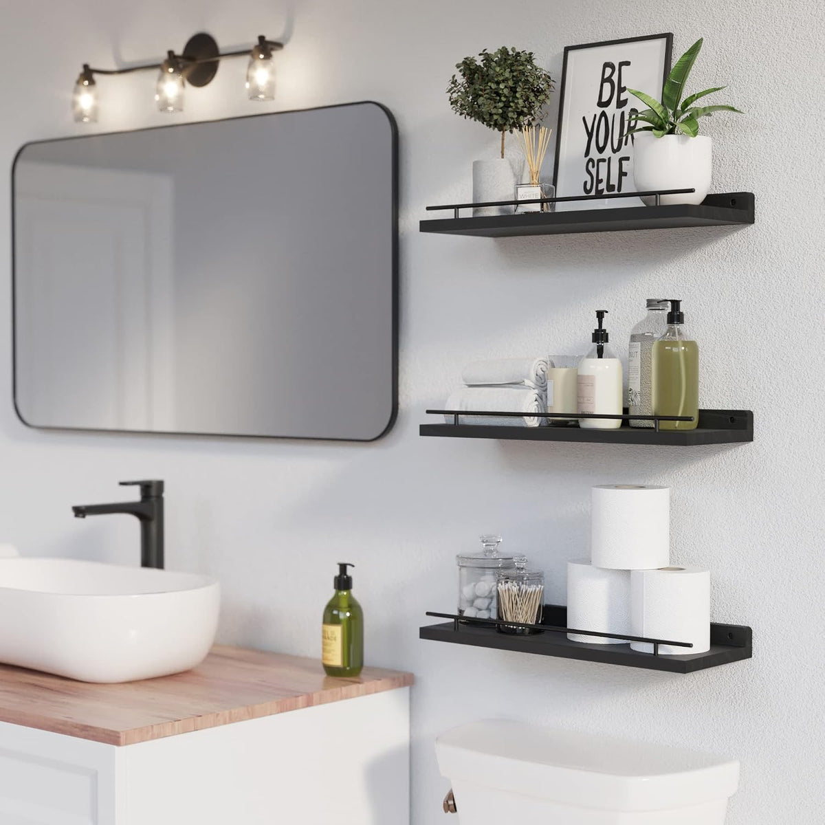 WOPITUES Floating Shelves for Wall Decor Set of 3, Black