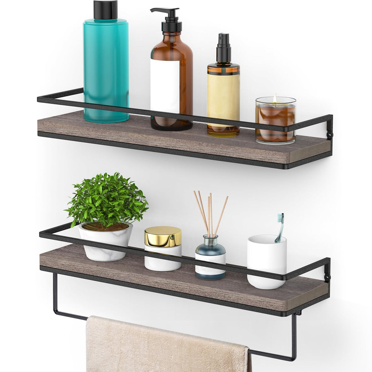 Meangood Floating Shelves Wall Mounted Set of 2, Rustic Wood Wall Storage Shelves for Bedroom,Living Room,Bathroom, Kitchen Torched Wood