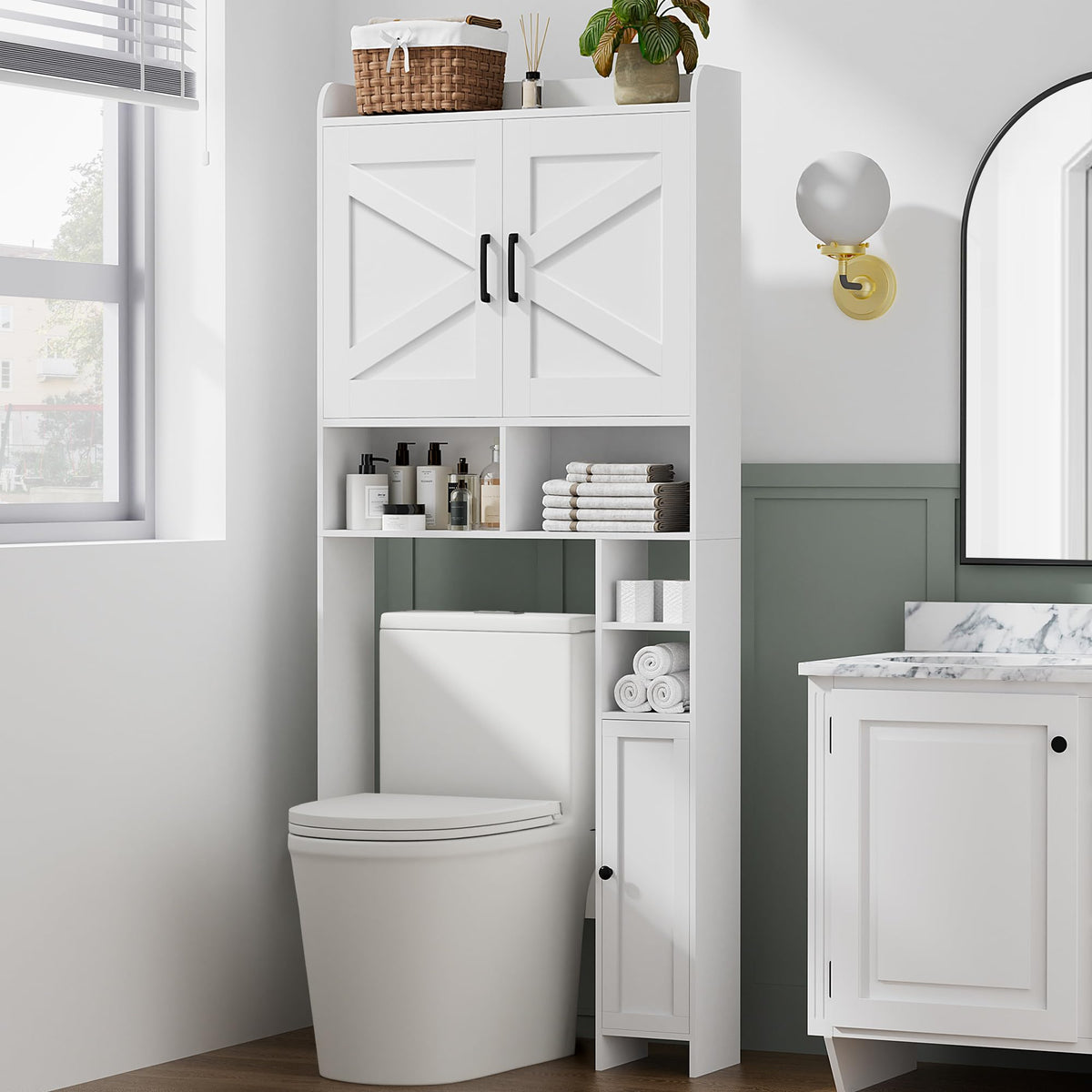 Homhedy Wooden Over The Toilet Storage Cabinet with Barn Door