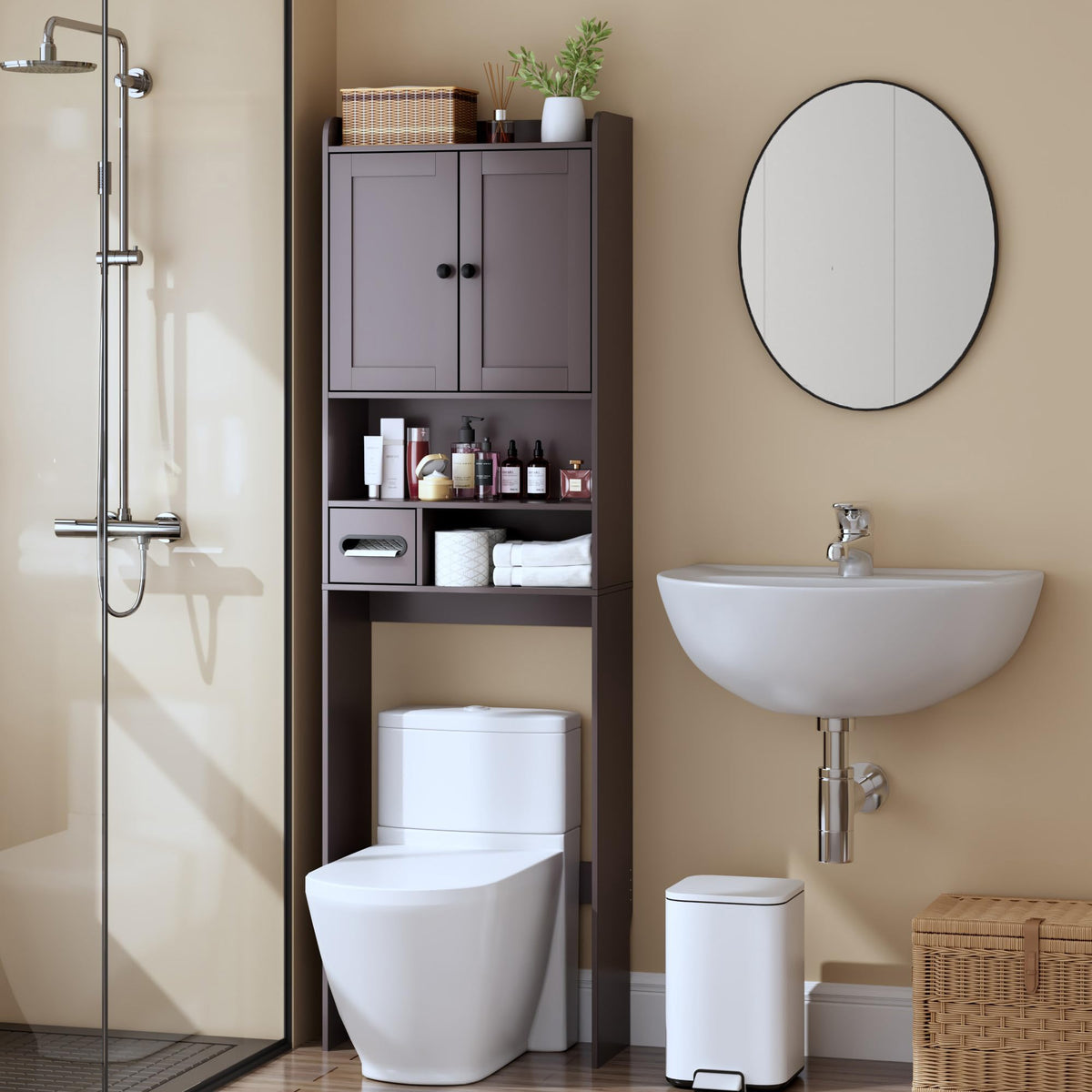 Over the Toilet Storage Cabinet, Tall Slim Bathroom Organizer with Doors, Adjustable Shelves & Built-in Toilet Paper Holder, Space-Saving Above Toilet Cabinet for Small Bathrooms(White)