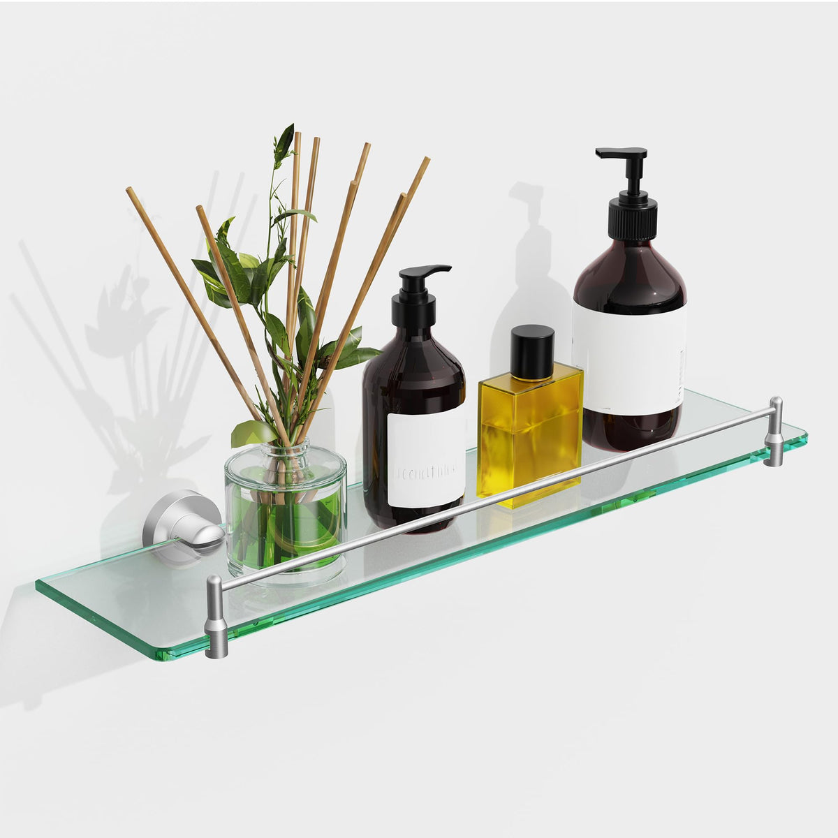 Glass Bathroom Shelves,Brushed Nickel Floating Shelves for Wall Rectangular Modern Stainless Steel Glass Shelf for Bathroom Shelves wall Mounted 16 Inch