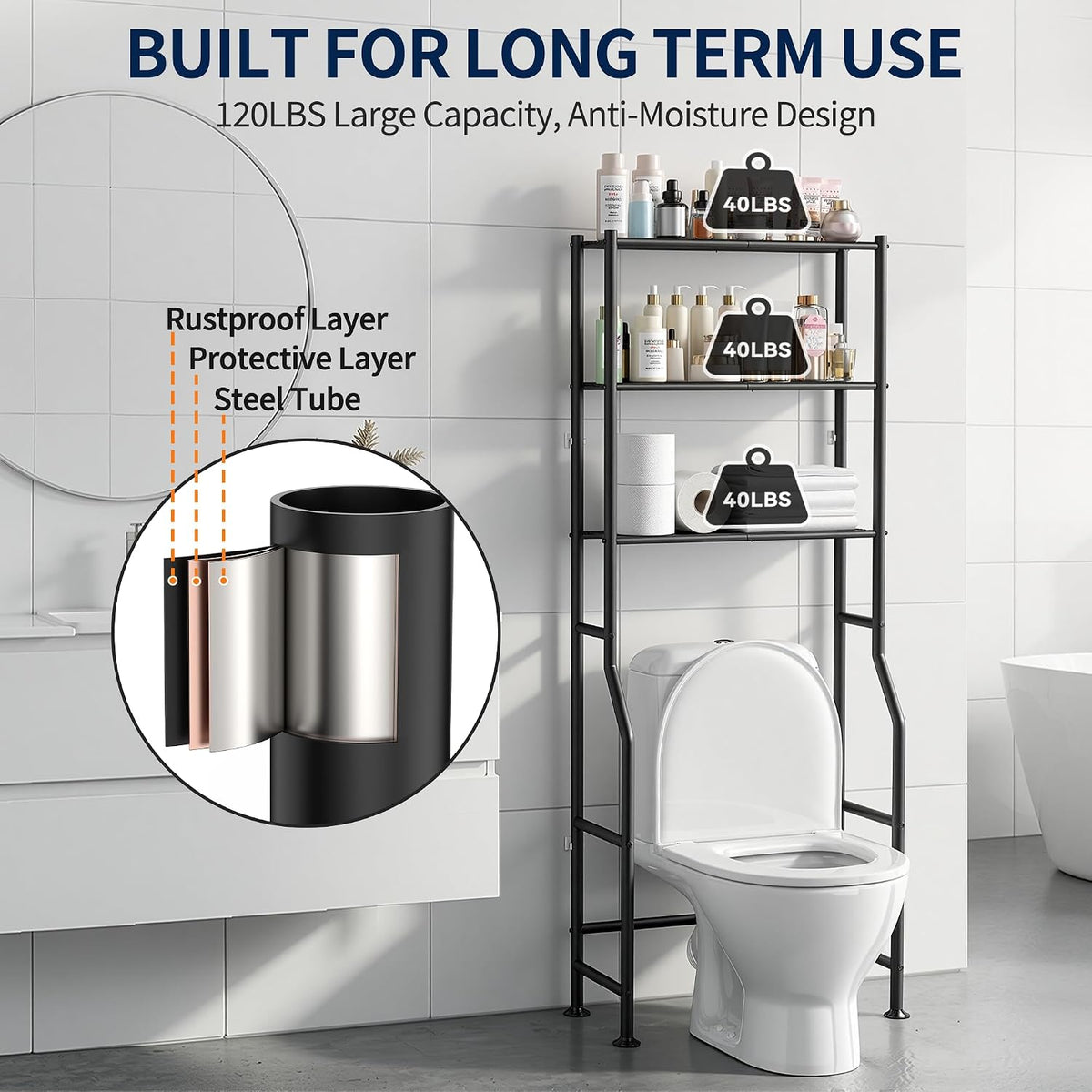 Livilord 3-Tier Over Toilet Storage Rack, Anti-Wobble, Black
