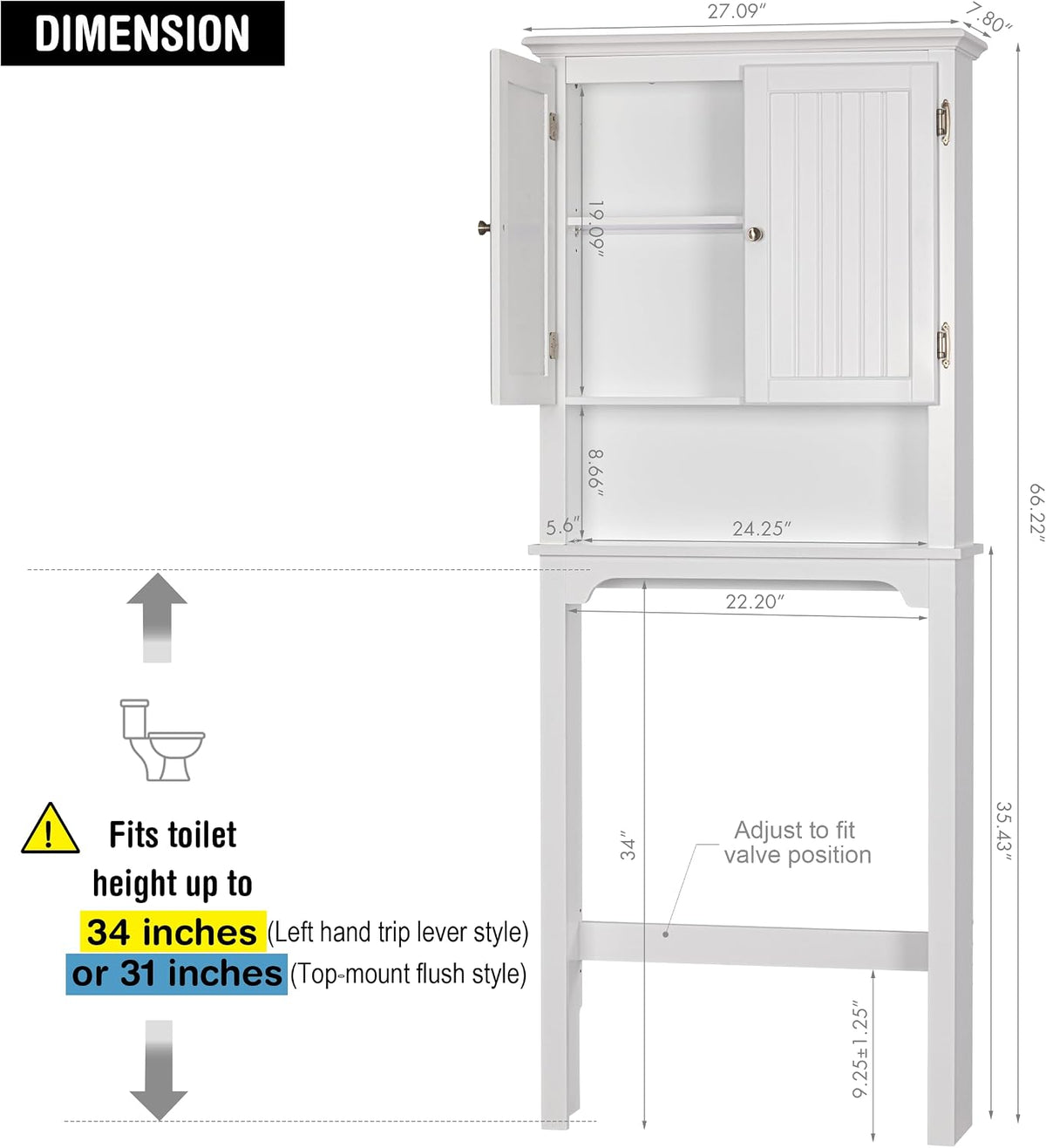 UTEX Over The Toilet Storage Cabinet, White Bathroom Organizer with Doors