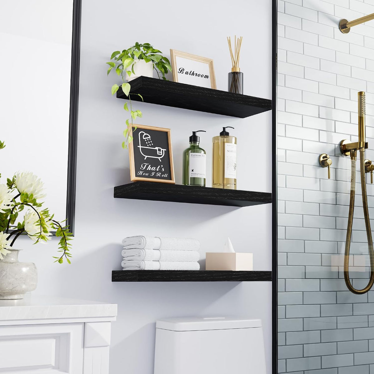 BAYKA Black Floating Shelves 15.7in, Set of 3, Wall Mount Rustic Wood Shelf