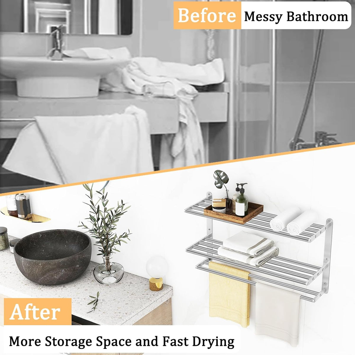 3 Tier Towel Racks for Bathroom Wall Mounted, 24 inch Bathroom Shelf with Towel Bar, Brushed Nickel Shelves for Towels, Stainless Steel Modern Silver Multi Holder