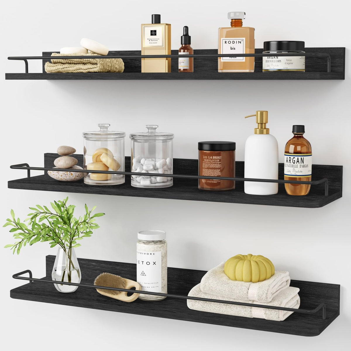 Forbena White Floating Shelves Bathroom Shelves Over Toilet Set of 3, Bathroom Organizers and Storage Shelves Wall Mounted, Modern Wood Corner Wall Shelf for Bedroom Closet -White and Dark Grey