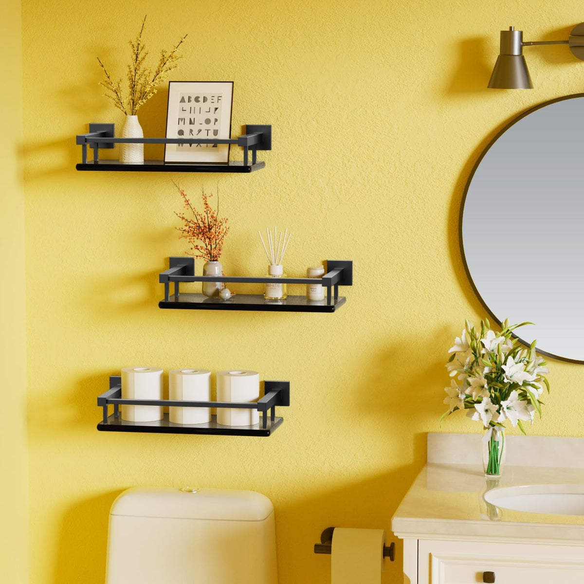 Alise Glass Shelf for Bathroom 16 Inch, Matte Black Floating Glass Shelf