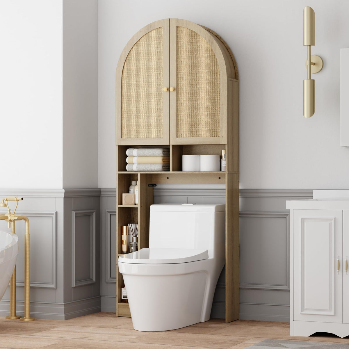 Over The Toilet Storage Cabinet, 29.7”W Modern Storage Cabinet Over Toilet with Acrylic Doors, Arched Freestanding Over Toilet Rack with Adjustable Shelf for Bathroom, White
