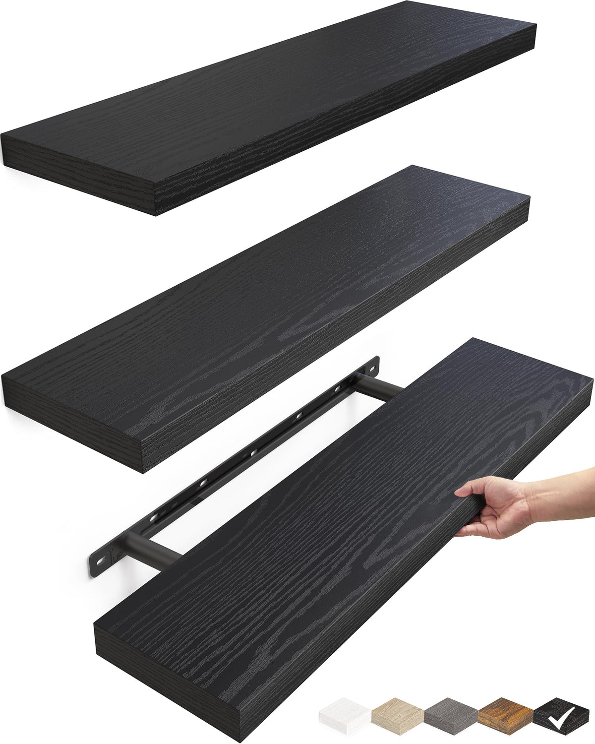 BAYKA Black Floating Shelves 15.7in, Set of 3, Wall Mount Rustic Wood Shelf