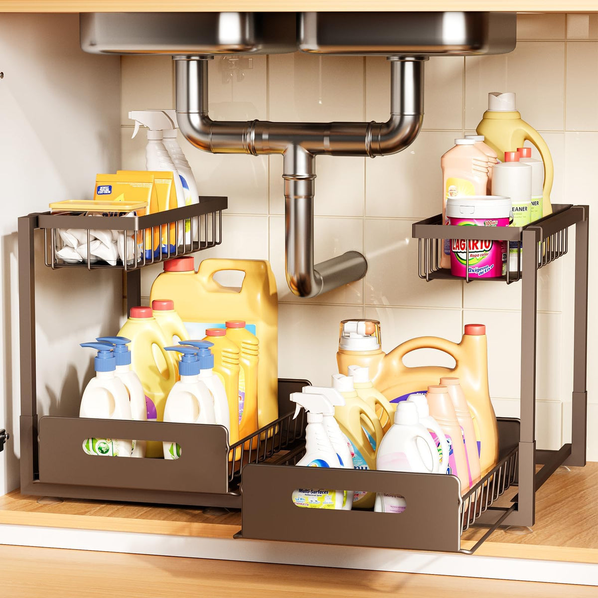 Under Kitchen Sink Organizer, Metal Pull Out Bathroom Organizers and Storage, 2-Tier Cabinet Organizer Shelf with Sliding Drawer, Home Organization for Kitchen, Laundry, Pantry, Black, 2 pack