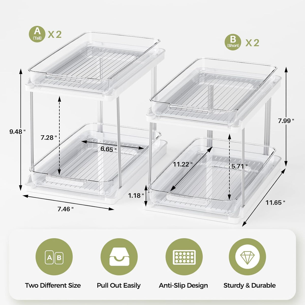 Delamu 2-Tier Bathroom Under Sink Organizers and Storage, Pull Out Cabinet Drawers with Anti-Slip Design, Multi-Purpose Storage for Kitchen, Pantry, Bathroom & Home Organization, White, 4 Pack