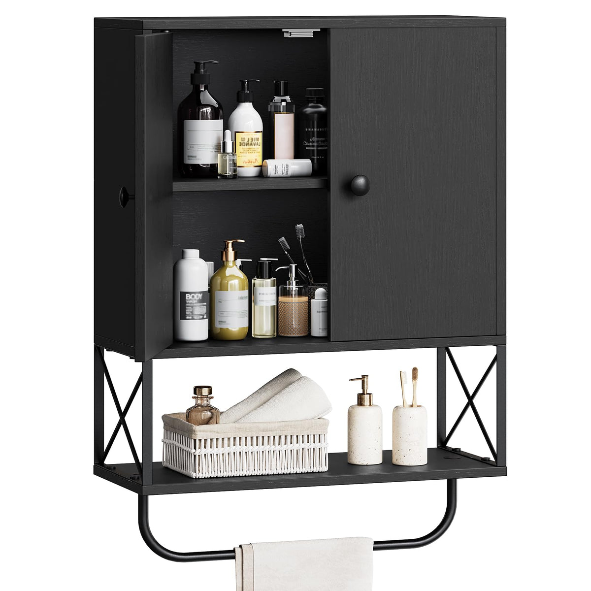 MAHANCRIS Bathroom Wall Cabinet with 2 Door and Adjustable Shelf, Farmhouse Medicine Cabinet with Towel Rack, 3-Tier Wall Mounted Storage Cabinet Over The Toilet for Bathroom Laundry Room, White