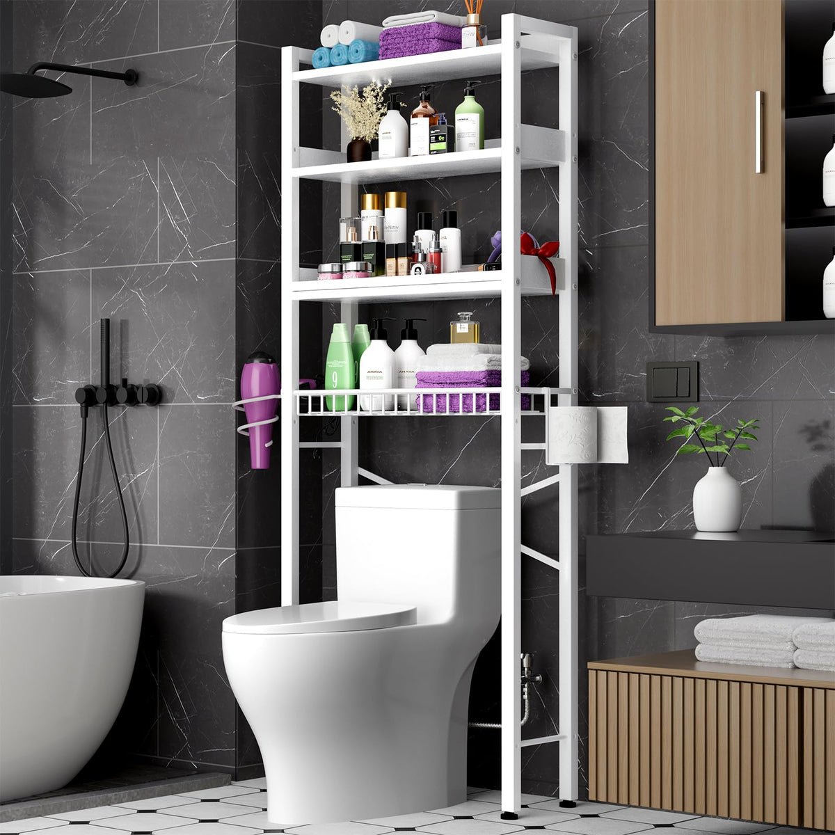Over-The-Toilet Storage Shelf,4-Tier Bathroom Organizer Cabinet Rack And Storage Over Toilet With Shelf Waterproof Feet Pad And Basket,Multifunctional Space Saver Freestanding Bathroom Shelves（Brown）