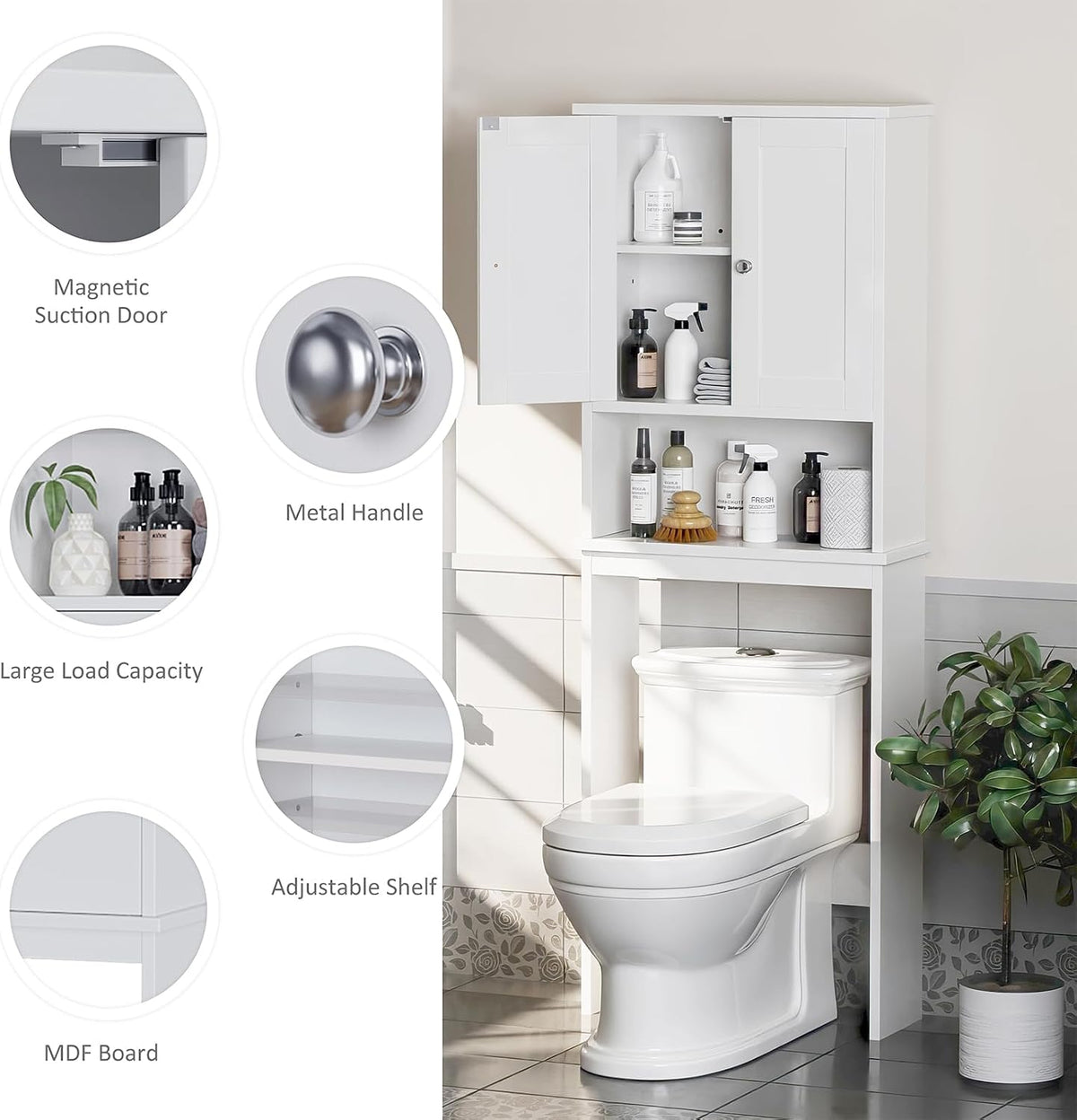 Over the Toilet Storage Cabinet, Bathroom Storage Organizer Over Toilet, Space Saver W/Adjustable Shelf & Open Shelf, White