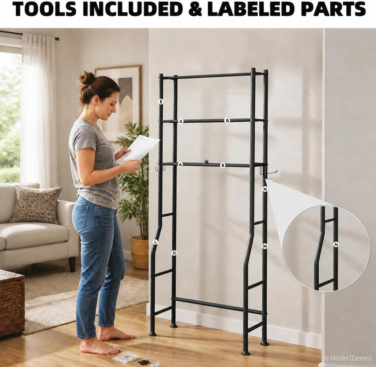 GloTika 3-Tier Over Toilet Storage, Anti-Tilt, 64" H, Black