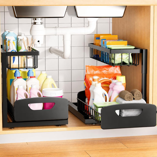 Under Kitchen Sink Organizer, Metal Pull Out Bathroom Organizers and Storage, 2-Tier Cabinet Organizer Shelf with Sliding Drawer, Home Organization for Kitchen, Laundry, Pantry, Black, 2 pack