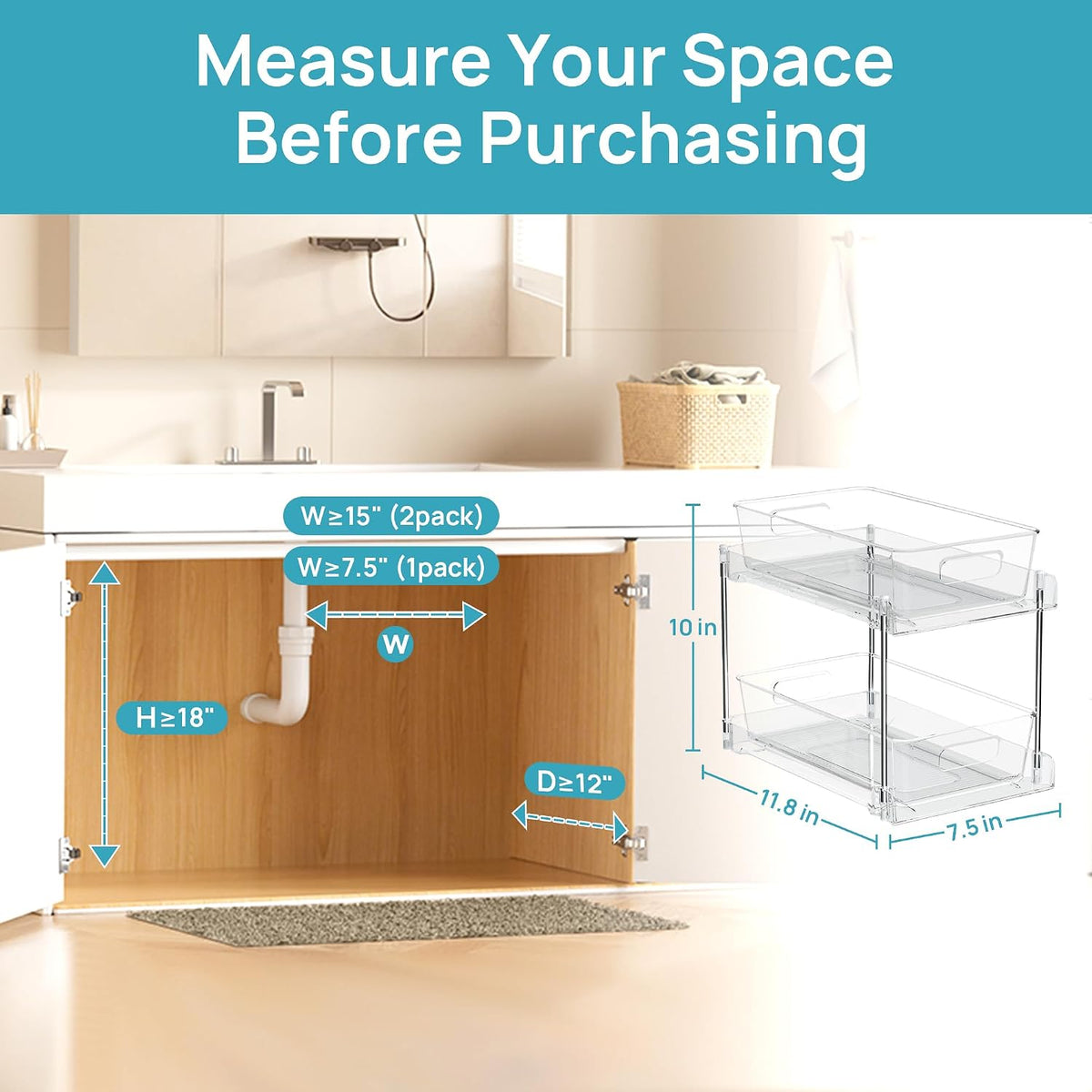 Vtopmart 2 Pack Pull Out Bathroom Under Sink Organizer (S-Standard)