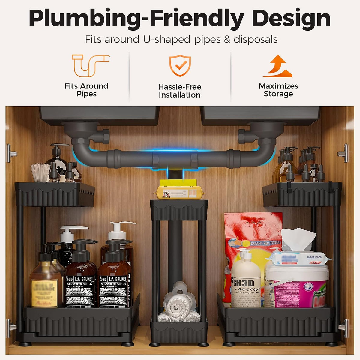 Sevenblue 3-Pack 2-Tier L-Shaped Under Sink Organizers with Sliding Drawers