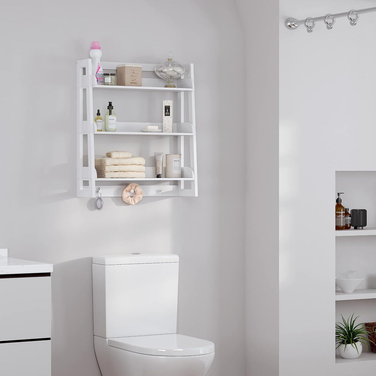 UTEX Bathroom Wall Shelf, 3-Tier Wall-Mounted Organizer with Hooks, White
