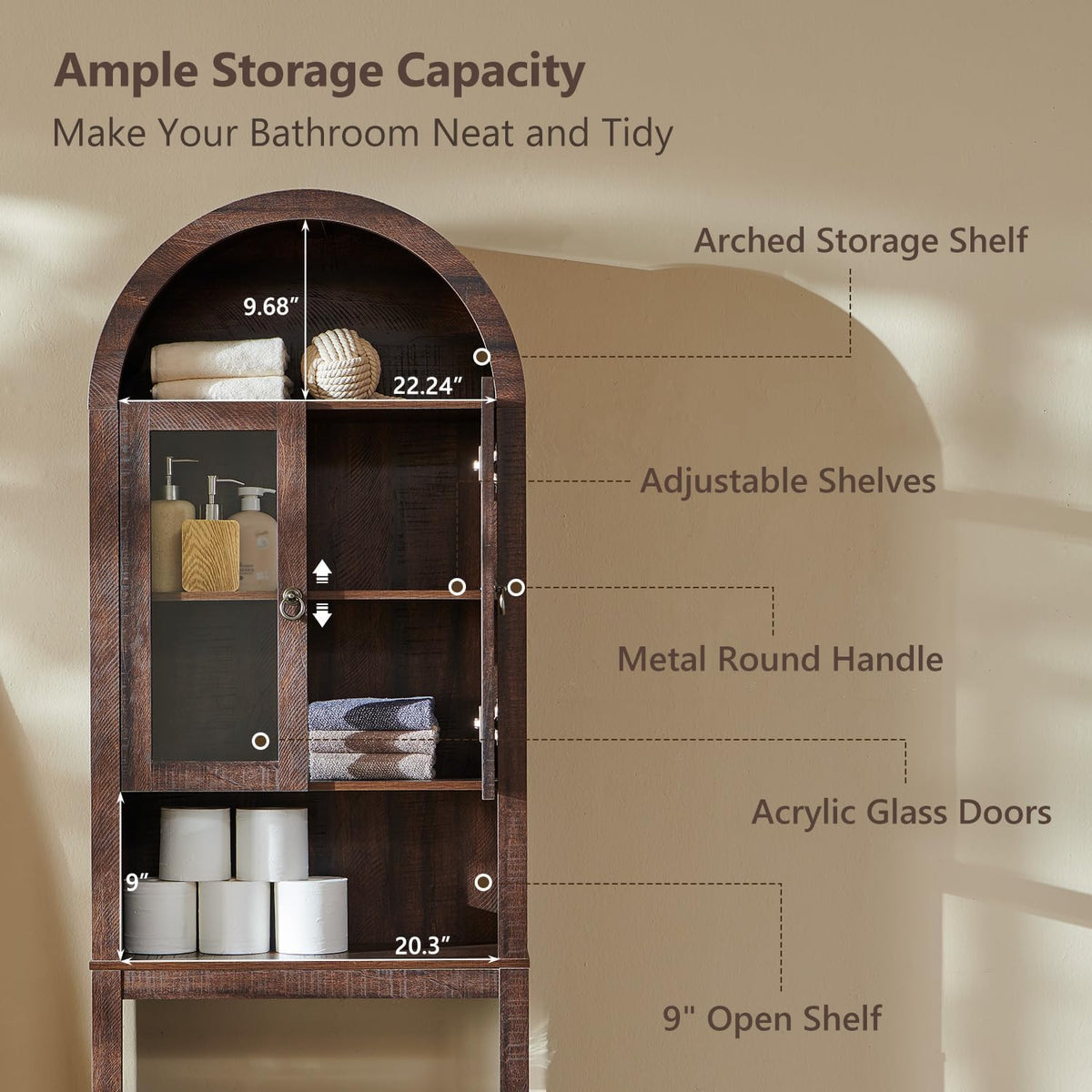 IFGET Arched Over The Toilet Storage Cabinet with Acrylic Doors,Dark Walnut