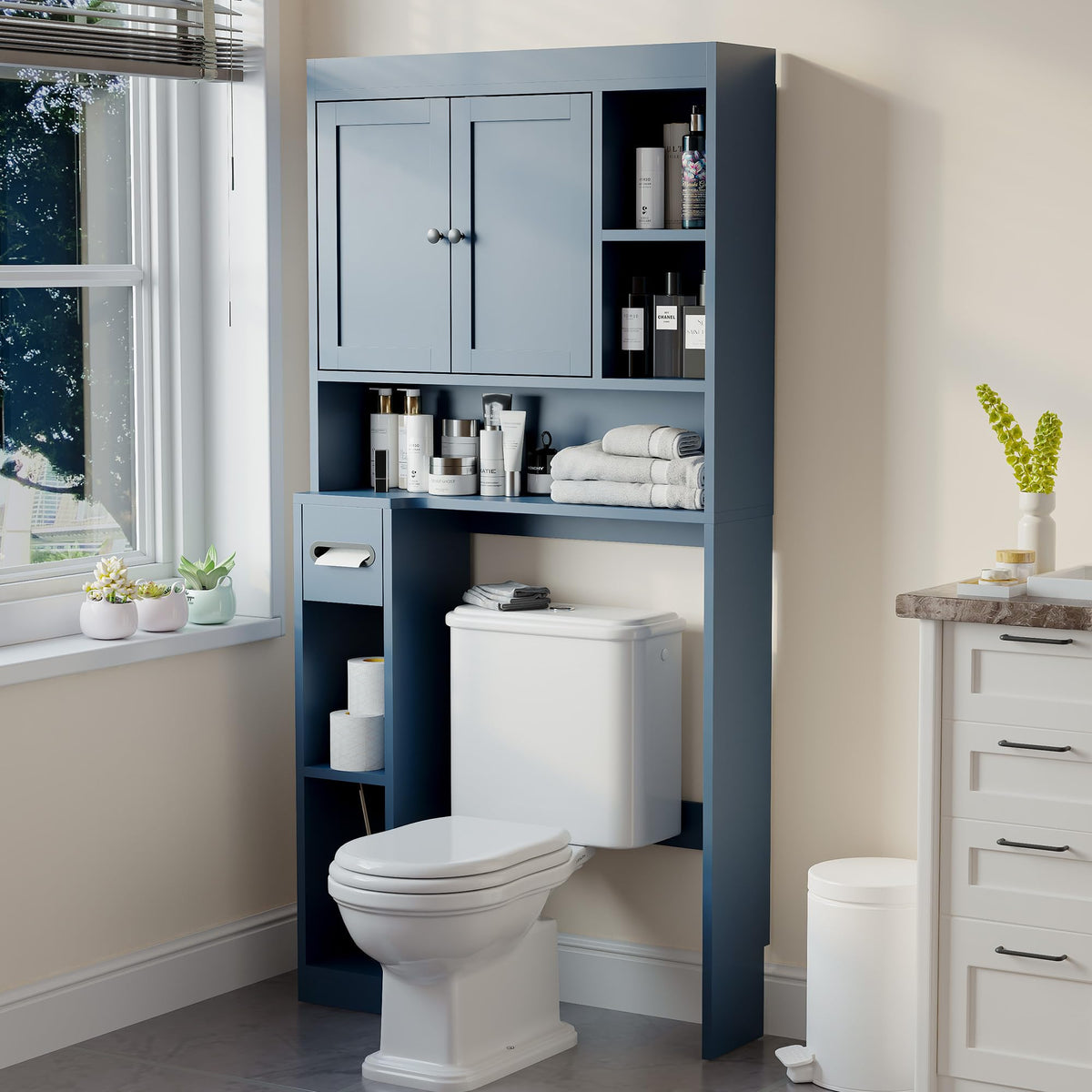 Over The Toilet Storage Cabinet with 7 Shelves, Imitation Walnut Grain Above Toilet Bathroom Organizer with Toilet Paper Holder Stand, Space Saver for Restroom, Laundry, Bathroom (White)