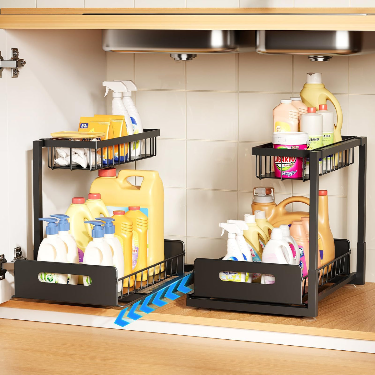Under Kitchen Sink Organizer, Metal Pull Out Bathroom Organizers and Storage, 2-Tier Cabinet Organizer Shelf with Sliding Drawer, Home Organization for Kitchen, Laundry, Pantry, Black, 2 pack
