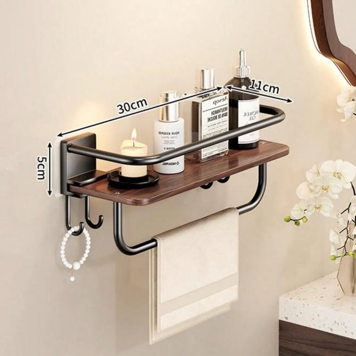 Wall-Mounted Bathroom Shelf, No-Drill Wood Grain Storage Rack, with Hooks for Towels and Toiletries, Space-Saving Organizer