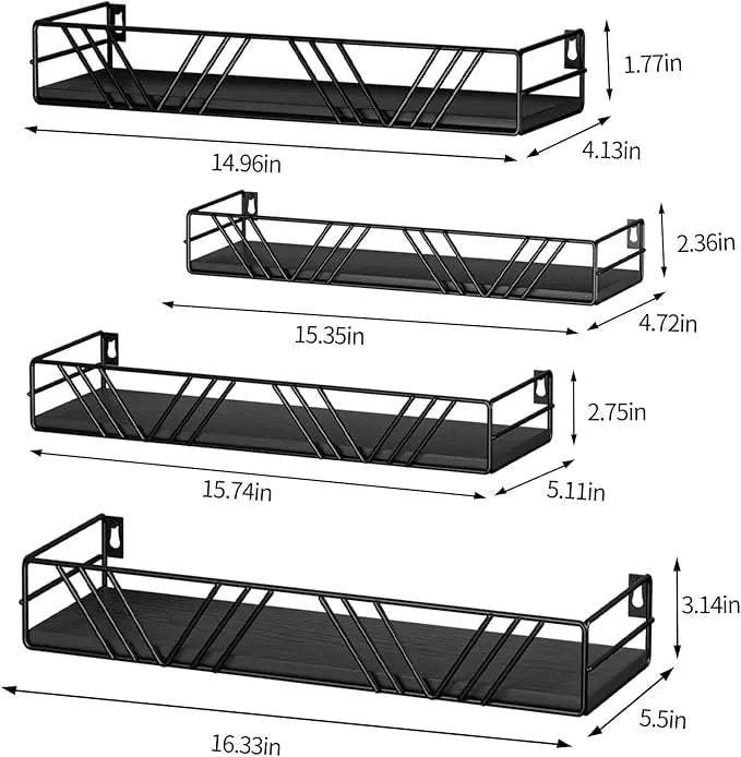Multi-Size Wooden Floating Wall Shelves Set of 4 - Metal Heavy Duty Mounted Shelves with Natural Grain, Ideal for Living Room, Bathroom, Farmhouse Decor & Mother's Day Gift