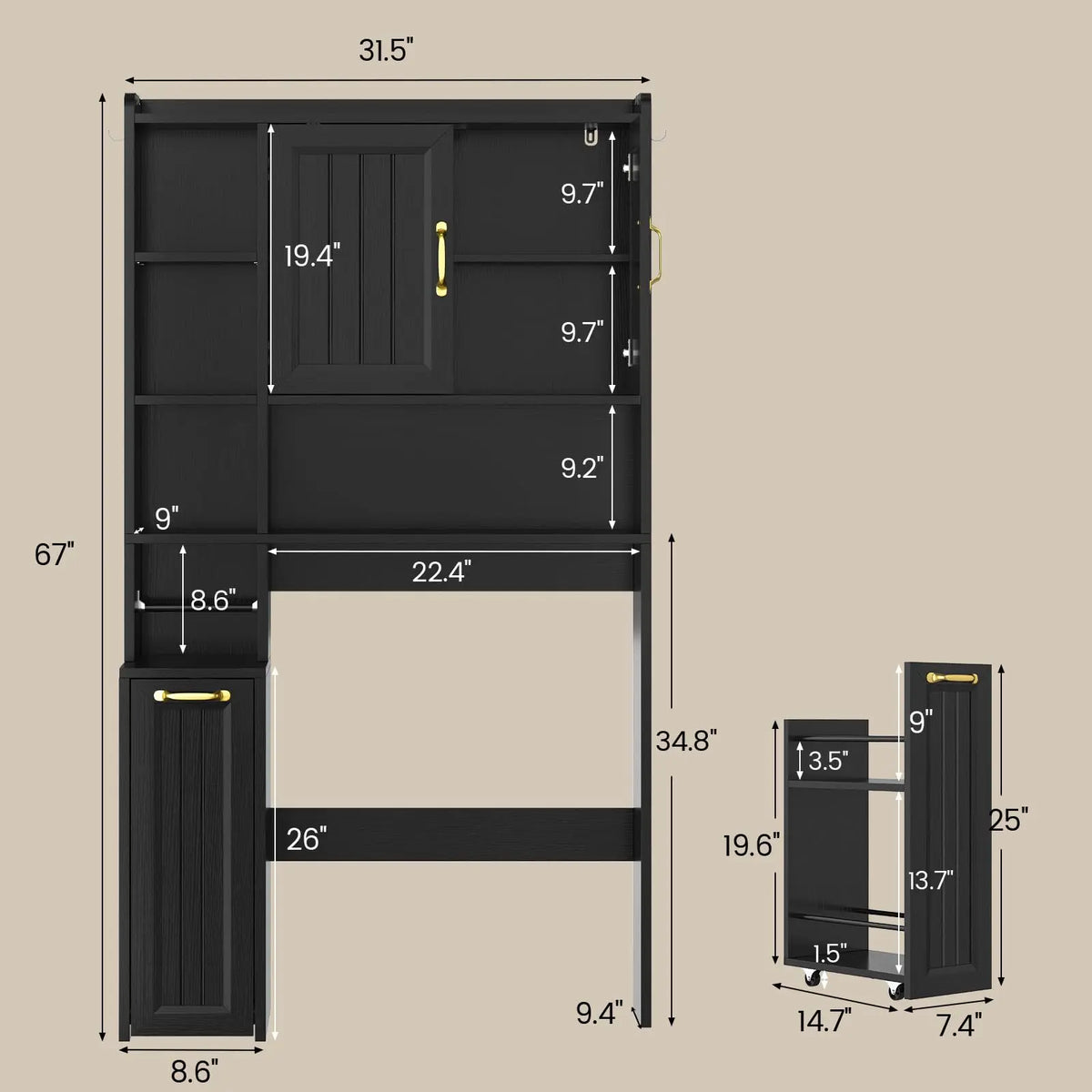 Over The Toilet Storage Cabinet with Pulley, Bathroom Storage Cabine with Adjustable Shelf and Open Shelf, Space-Saving Toilet Rack for Bathroom, Restroom, Laundry, Black