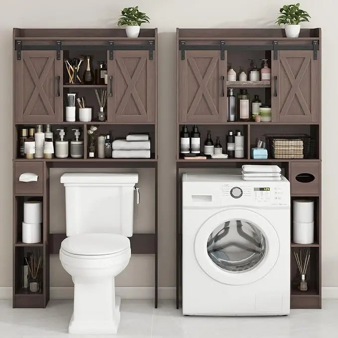 [SohoChic] Vabches Engineered Wood Over-The-Toilet Storage Cabinet - Sliding Barns Doors, Neutral Grain Rectangular Form, Farmhouse Bathroom Space Saver for Bathroom Organization, Small Laundry Room