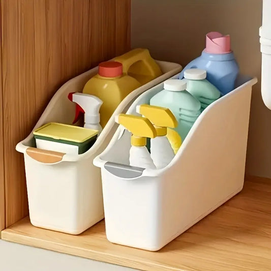 2 arc-shaped storage boxes, heavy-duty plastic organizer, white space-saving container, under-sink food cabinet storage, cleaning supplies, household essentials, kitchen and bathroom storage, no installation required