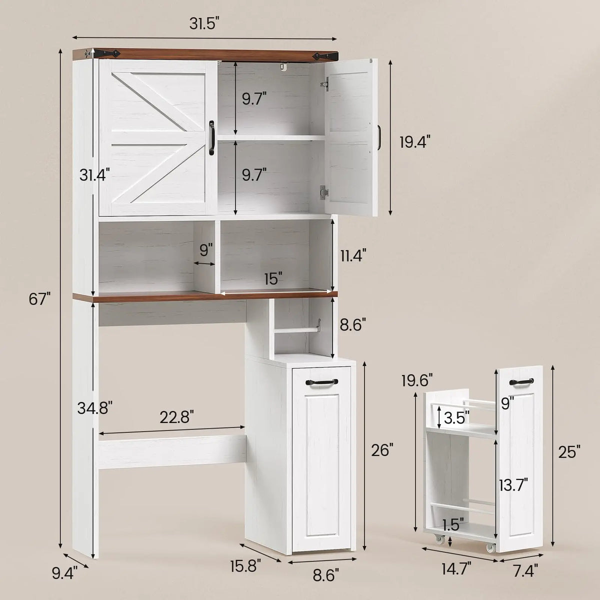 Over The Toilet Storage Cabinet with Pulley, Bathroom Storage Cabine with Adjustable Shelf and Open Shelf, Space-Saving Farmhouse Toilet Rack for Bathroom, Restroom, Laundry, White Brown