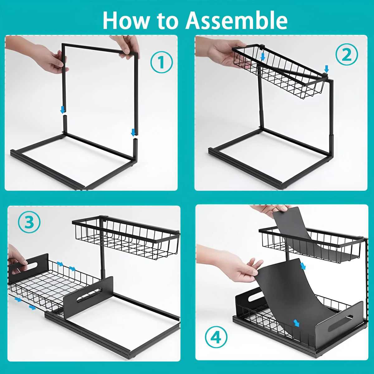 2-Tier Metal Frame Pull-Out Under Sink Organizer with Slide-Out Drawer Shelves, Pullout to Reach Storage for Bathroom Organizing Accessories, Kitchen Cabinet Solution