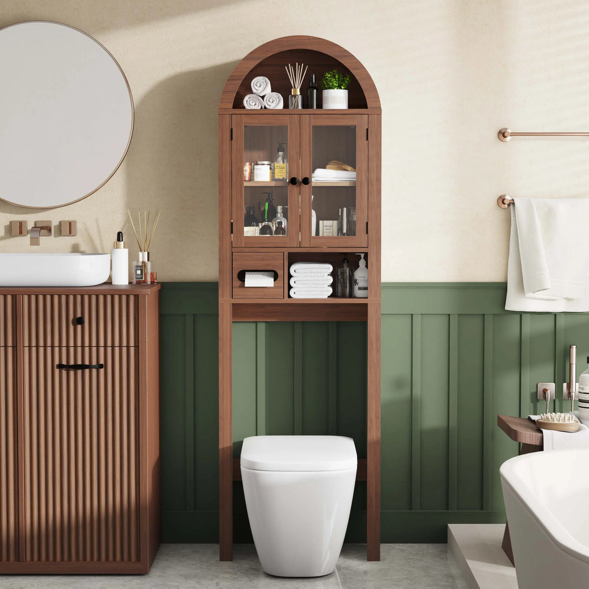Arched Over The Toilet Storage Cabinet with Tempered Glass Doors, Freestanding Bathroom Organizer with Adjustable Shelves, Built-In Toilet Paper Holder, Walnut Finish