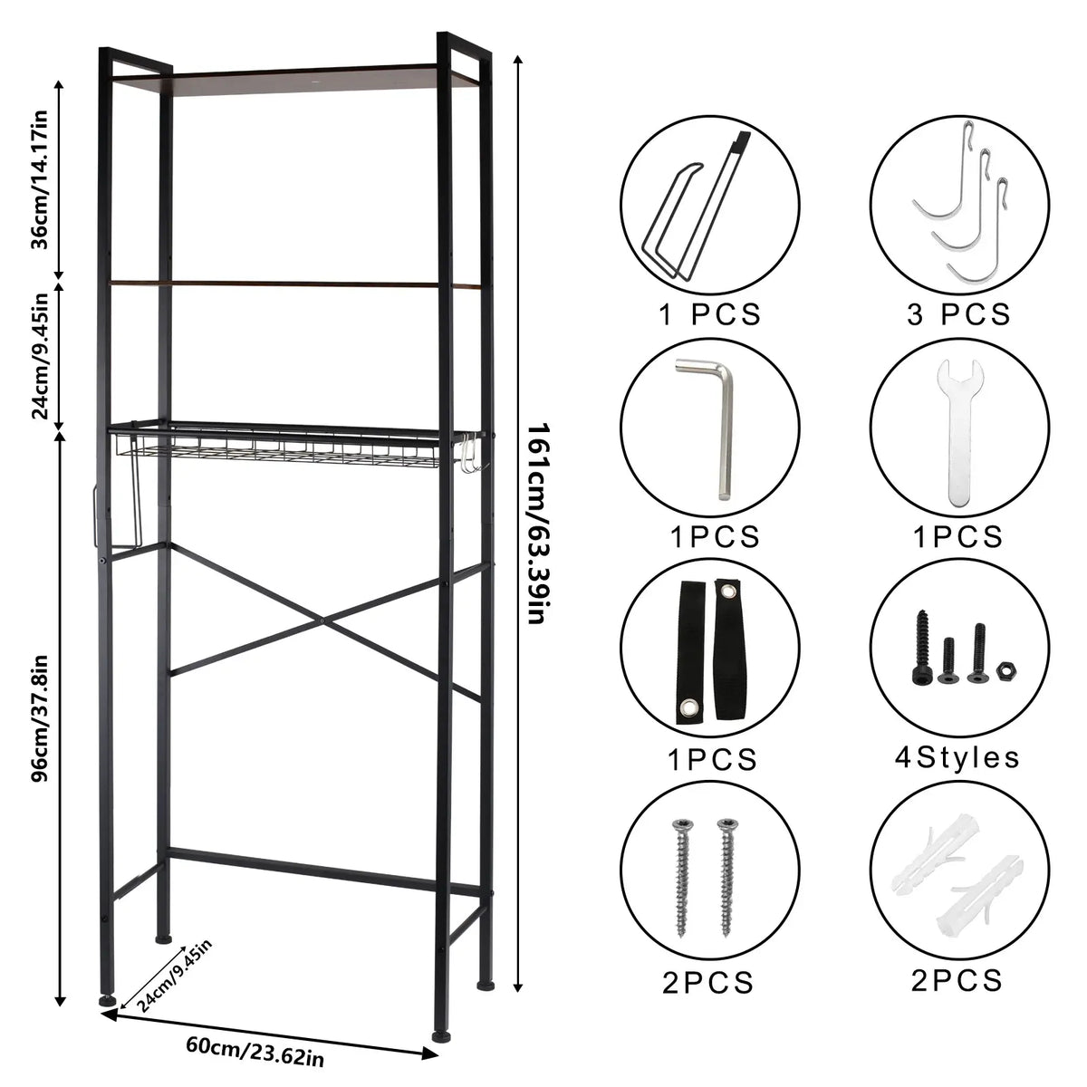 3-Tier Over-The-Toilet Organizer Shelves - 3tier Quick Access Space Saver Rack with Toilet Paper Holder, Hooks, Adjustable Design for Indoor Home Bathroom Storage Solution