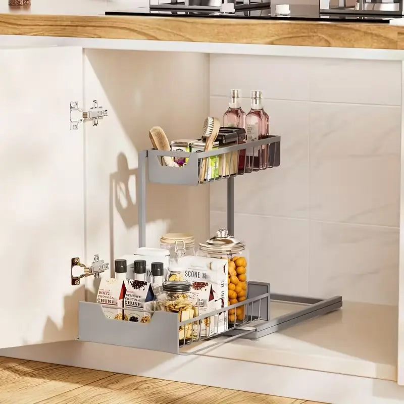 2-Tier L-Shape Steel Pull Out Under Sink Organizer - Anti-Rust, Stable, Tool-Free Slide Out Drawer, 14.2*10.6*11 in, 50 lbs Capacity - For Kitchen Cabinets, Spice Storage, Laundry Room, Bathroom Storage - Ideal Gift for Mothers