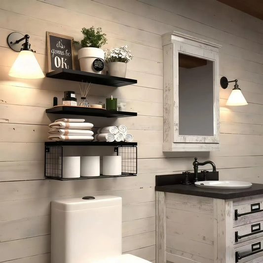 3 Tier Rustic Wood Wall-Mounted Floating Shelves with Metal Frame - Casual Home Decor Bathroom Organizer for Bathroom, Kitchen, Living Room