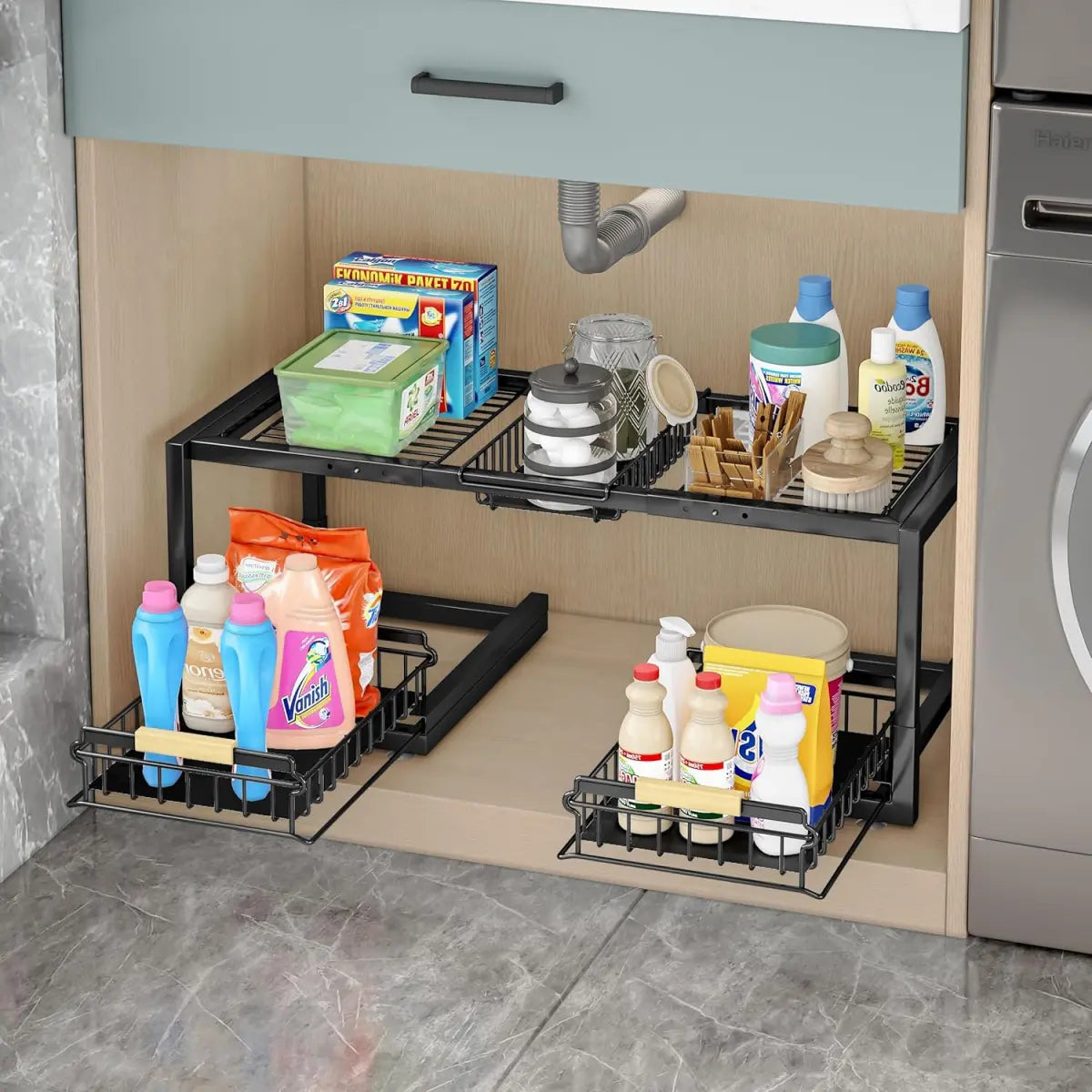 2-Tier Expandable Under Sink Pull-Out Organizer with Sliding Drawers, Kitchen-Bathroom-Laundry Room Storage Rack, Includes Iron Rack, Foot Pads for Tall Bottles