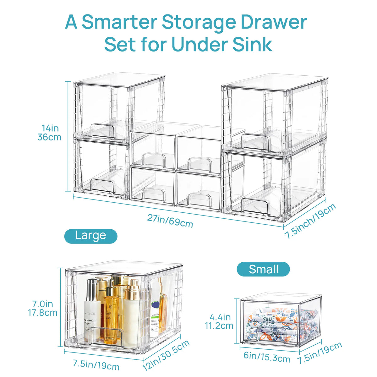 【Restock】Vtopmart 2-8 Pack 12in Undersink Stackable Storage Drawers - Easy-Assemble Organizer Unit, Plastic Box, Bathroom Solution for Vanity Accessories, Apartment Accessories, Kitchen Pantry Use