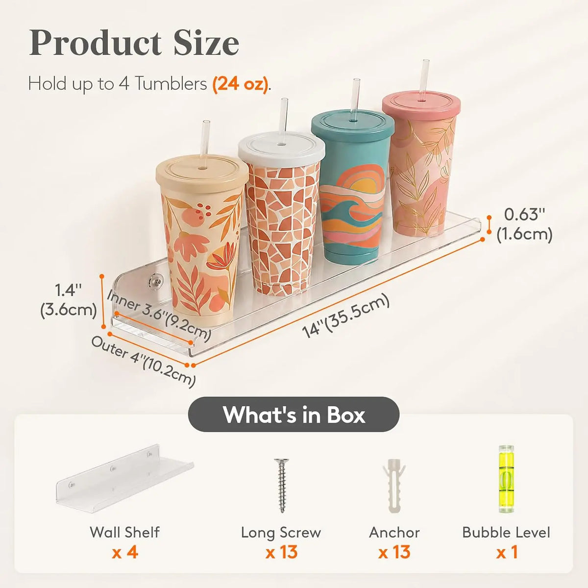 Floating Shelves for Bathroom 14" Clear, 4 Pack