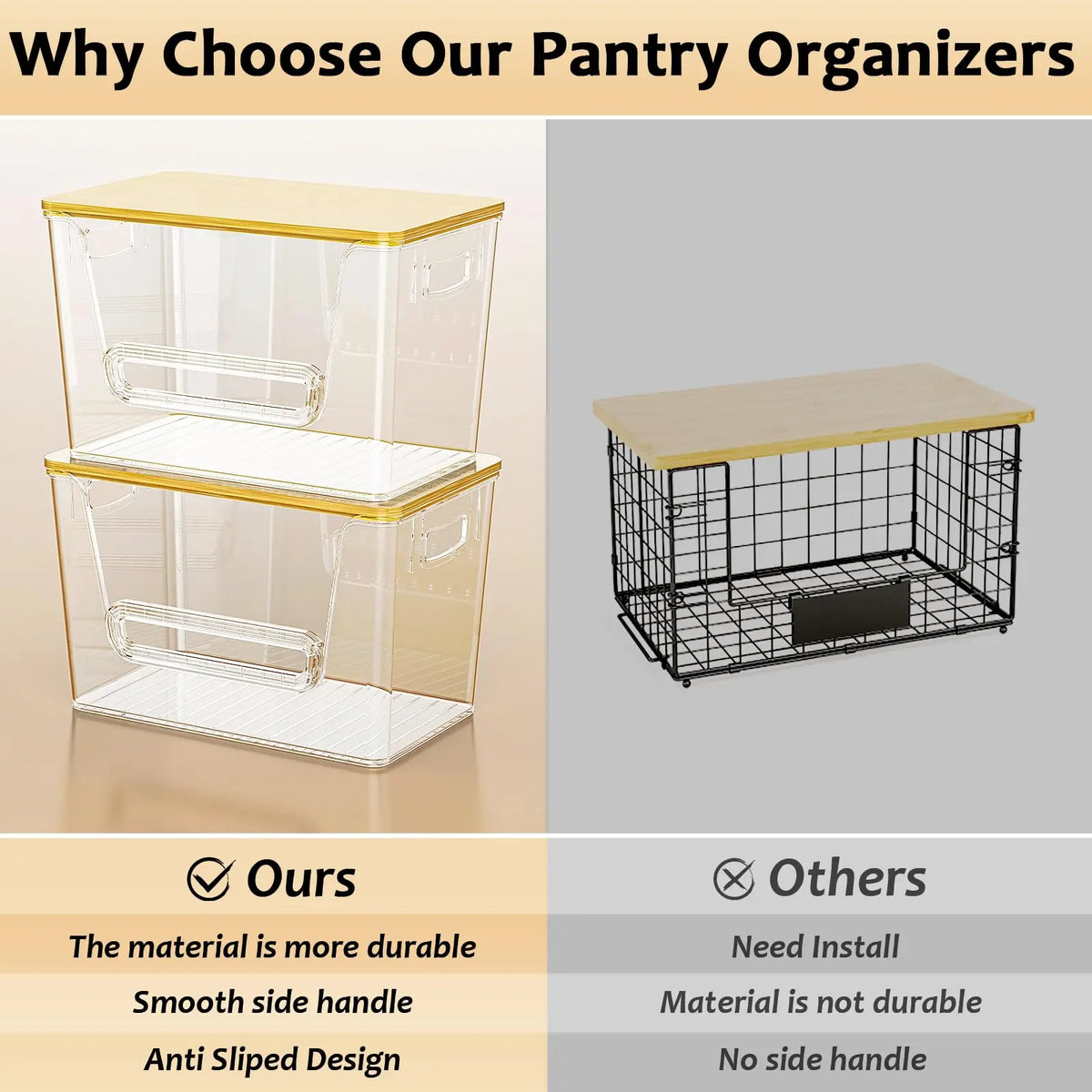 2 Sets Plastic Kitchen Storage Lidded Bins, Multi Use Pantry Organizers with Bamboo Top Under Sink Trash Bag Holder Dispenser for 4 13 Gal Bags, Ideal for Onion Potato Garlic