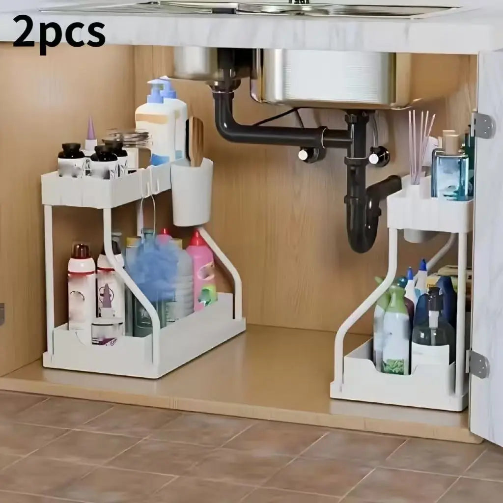 2pcs Under Sink Organizer with Sliding Pull-Out Shelves - Durable Dual-Layer Adjustable Dish Drainer Rack, Space-Saving Home Storage Solution for Bathroom & Kitchen, Sleek Design, prettyisms Trinket Box Compatibility