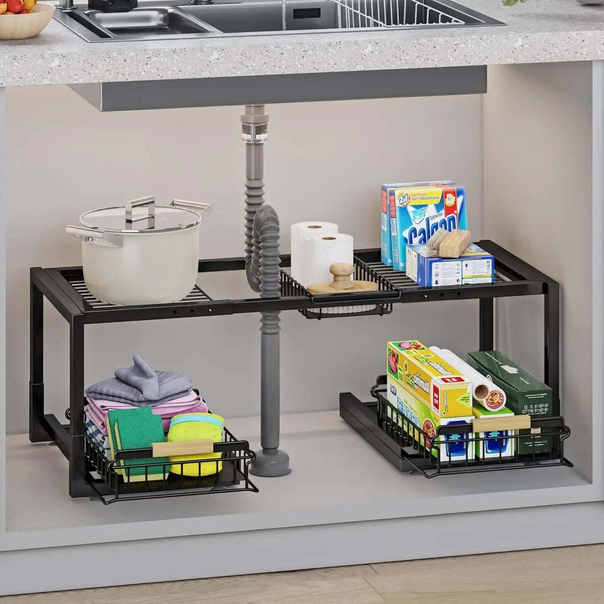 2-Tier Expandable Under Sink Pull-Out Organizer with Sliding Drawers, Kitchen-Bathroom-Laundry Room Storage Rack, Includes Iron Rack, Foot Pads for Tall Bottles